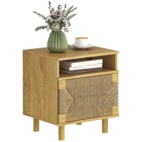 HOMCOM Nachttisch Boho mit Tür aus Papierseil Offenes Fach Drucköffnung 45x39x50 cm Eiche(m-7)