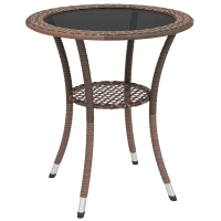Outsunny Mesa de Vime Redonda Ø64x71 cm Mesa de Jardim com Estante e Tampo de Vidro Suporta 50 kg para Terraço Pátio Castanho(m-10)