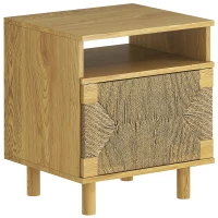 HOMCOM Nachttisch Boho mit Tür aus Papierseil Offenes Fach Drucköffnung 45x39x50 cm Eiche(m-1)