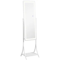 HOMCOM Free Standing Dressing Mirror with LED Lights, Full Length Mirror with 3 Temperature Colours and Storage Shelf(m-1)