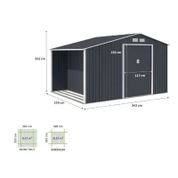 Abri de jardin en métal et abri bûches 8,72 m² - 342 x 255 x 202 - NOVA - Kit d'ancrage inclus, 2 portes coulissantes - Gris(m-4)