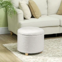 HOMCOM Storage Ottoman with Lid, Round Footstool, Storage Box, with Wooden Legs, White(m-2)