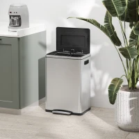 HOMCOM Trash Can, Bin with Lid and Pedal, Stainless Steel, 2 x 20 L Compartments, Silver(m-4)