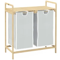 HOMCOM Laundry basket with 2 wash bags, 1 shelf, bamboo, 63.5 cm x 33 cm x 73 cm, Light gray + Natural(m-6)