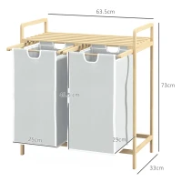 HOMCOM Laundry basket with 2 wash bags, 1 shelf, bamboo, 63.5 cm x 33 cm x 73 cm, Light gray + Natural(m-3)