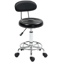 HOMCOM Rolling Stool, Swivel and Adjustable Stool with Backrest, Faux Leather Cover, Footrest, for Hairdressing Tables, Black(m-1)