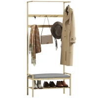 HOMCOM Coat rack with shoe bench, clothes rail, 10 garment hooks, shoe shelf, bamboo(m-6)