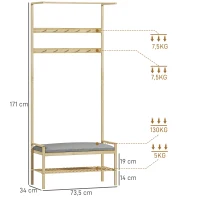 HOMCOM Coat rack with shoe bench, clothes rail, 10 garment hooks, shoe shelf, bamboo(m-3)