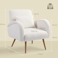 HOMCOM Upholstered armchair, fleece cover, padded armrest chair with lumbar cushion, metal legs, reading chair, Cream White(m-3)
