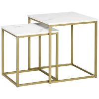 HOMCOM 2-Piece Side Table Set, Stackable Side Tables, Marble-Effect Top, Gold + White(m-1)
