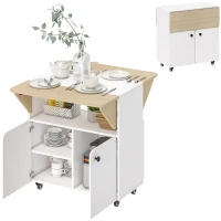 HOMCOM Folding Table Roll Cabinet, two foldable table sides, cabinet compartment, 4 casters, White+Natural Wood, 70 x 83 x 75 cm(m-6)
