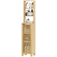 HOMCOM Meuble Haut de Salle de Bain en Bambou Colonne Étroit avec 3 Étagères Ouvertes Portes à Lames Tablettes Réglables 34x30x170 cm Naturel(m-1)