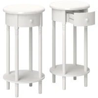 HOMCOM Set 2 Noptiere cu Sertar și Raft, Măsuțe de Cafea din Lemn în Stil Contemporan, Ø35,5x71 cm, Alb(m-1)