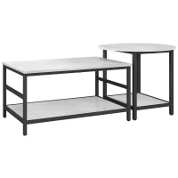 HOMCOM Coffee table set, 2 side tables, marble-look, adjustable feet, steel, Black/White(m-1)