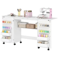 HOMCOM Mesa de Costura Dobrável com 6 Rodas Móvel para Máquina de Costura com 20 Pinos para Fios 4 Compartimentos 160x40x81,5 cm Branco(m-7)