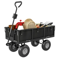 Outsunny Gartenwagen, 4-Rad-Trolley aus Stahl, abnehmbare Seitenwände, 25 cm Räder, drehbarer Griff, 300 kg Traglast, Schwarz(m-10)