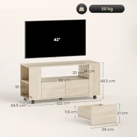 HOMCOM TV-Möbel 106.68 cm mit drehbaren Rollen und Feststellbremse, verstellbare Regale und Schubladen, 102x34.5x48.5 cm, Holz(m-3)