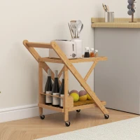 HOMCOM Kitchen trolley on wheels, Serving cart with 3 wine racks, 2 trays, for kitchen, dining room, bamboo wood, light brown(m-4)