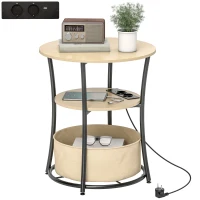 HOMCOM Mesa Auxiliar Redonda de 3 Níveis com Estação de Carregamento Mesa Auxiliar Industrial com 2 Prateleiras Abertas Ø50x55,1 cm Madeira e Preto(m-7)