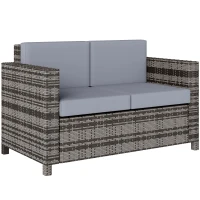 Outsunny Rattan Sofa, 2 Seater Garden Furniture with Soft Padded Cushion and Armrests, Wicker Garden Loveseat for Patio, Mixed Grey(m-1)