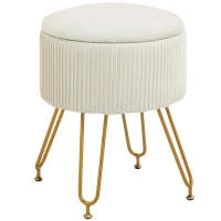 HOMCOM 2-in-1 storage ottoman with metal legs, round footstool for living room, bedroom, hallway, Cream White(m-6)