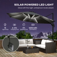 Outsunny 3(m) Adjustable Cantilever Parasol with Base, Solar LED Lights, Dark Grey(m-4)