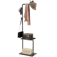 HOMCOM Coat rack, clothes rod with stoppers, 3 hooks, shelf, artificial stone base, Black(m-7)