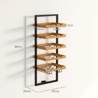 HOMCOM Wall Wine Rack, 5 Levels, Bottle Holder, Glass Holder, Pine Wood, Steel, Home Bar, Kitchen, Living Room, Brown(m-3)