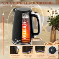 HOMCOM Waterkoker- en broodroosterset, 2200W, Otter-thermostaat, 2-sleuven broodrooster, 7 bruiningsstanden, kruimellade, zwart(m-4)