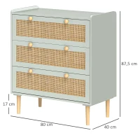 HOMCOM Bedroom dresser with 3 drawers, rattan fronts, clothing cabinet for hallway, entryway, MDF, Green(m-3)