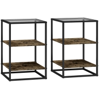 HOMCOM 2-Piece Side Table Set with Glass Top, 3-Tier Design, Metal Frame, for Living Room, Bedroom, Brown