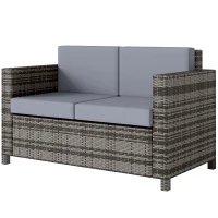 Outsunny Rattan Sofa, 2 Seater Garden Furniture with Soft Padded Cushion and Armrests, Wicker Garden Loveseat for Patio, Mixed Grey(m-11)