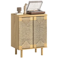 HOMCOM Anrichte im Boho-Stil mit 2 Türen und handgeflochtener Kordel Verstellbarer Einlegeboden Push-to-open Eiche 60x40x78 cm(m-7)