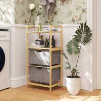 HOMCOM Bamboo Laundry Rack, with 2 Fabric Laundry Baskets, Open Shelves, Space-saving, Natural Wood(m-2)