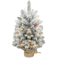 HOMCOM Mini Árbol de Navidad Artificial 60 cm con 35 Luces LED 72 Ramas Densas con Nieve Adornos y Base de Arpillera Verde