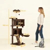PawHut Kratzbaum für Katzen 160 cm mit Plattformen Bett 2 Höhlen Hängematte Leiter Sisalstämme Braun(m-3)