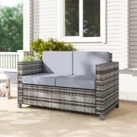 Outsunny Rattan Sofa, 2 Seater Garden Furniture with Soft Padded Cushion and Armrests, Wicker Garden Loveseat for Patio, Mixed Grey(m-9)