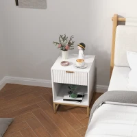 HOMCOM Bedside Table with Drawer and Shelf, Storage and Metal Legs, for Bedroom, Living Room, White(m-3)