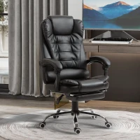 HOMCOM Executive Office Chair, PU Leather Home Office Chair with Swivel Wheels, Reclining Backrest, Retractable Footrest, Black(m-2)