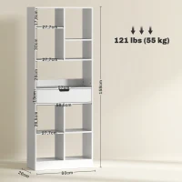 HOMCOM Bookshelf, Multipurpose Shelf, 9 Compartments, Drawer, Anti-tip, 60 x 26 x 158 cm, White(m-3)