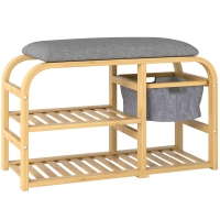 HOMCOM Shoe Bench with Shelves, Shoe Storage Bench, Bamboo, Padded Seat, Grey