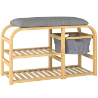 HOMCOM Shoe Bench with Shelves, Shoe Storage Bench, Bamboo, Padded Seat, Grey(m-1)