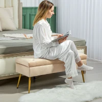 HOMCOM Velvet-Look Storage Bench, Padded Footstool with Tufted Design, Metal Frame, 102 x 35 x 43 cm, Beige(m-5)