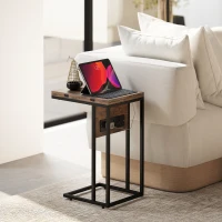 HOMCOM C Shaped Side Table with Charging Station and Foldable Top - Rustic Brown(m-9)