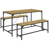 HOMCOM Dining Set, Table & 2 Benches, Industrial Design, Steel Frame, Wood Decor/Black(m-1)