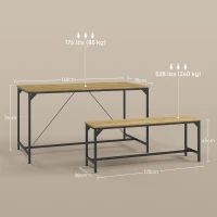 HOMCOM Dining Set, Table & 2 Benches, Industrial Design, Steel Frame, Wood Decor/Black(m-3)