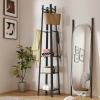 HOMCOM 4-Tier Coat Rack, Freestanding Clothes Rack, 8 Hooks, 4 Shelves, Industrial Style, Metal, Particleboard, Brown(m-5)