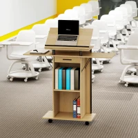 HOMCOM Rolling Podium Stand, Lectern with Folding Side Wings, Laptop Table with Drawer and Shelves, Oak Finish(m-2)