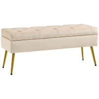 HOMCOM Velvet-Look Storage Bench, Padded Footstool with Tufted Design, Metal Frame, 102 x 35 x 43 cm, Beige