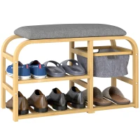 HOMCOM Shoe Bench with Shelves, Shoe Storage Bench, Bamboo, Padded Seat, Grey(m-5)
